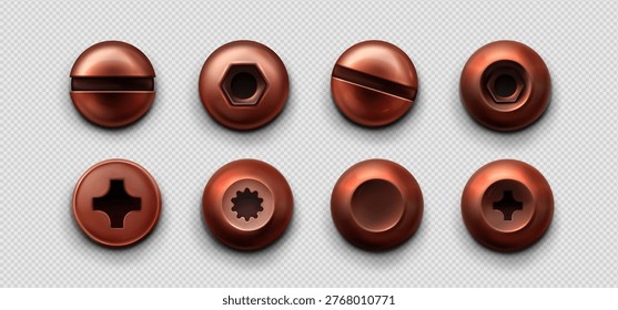 Copper screws and bolt heads collection with metal textures, realistic vector srt isolated on transparent background. Industrial bronze elements different heads, steel rivets, and vintage nail design