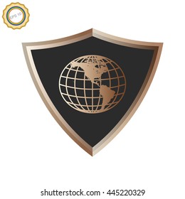 Copper shield. Globe icon inside shield.
