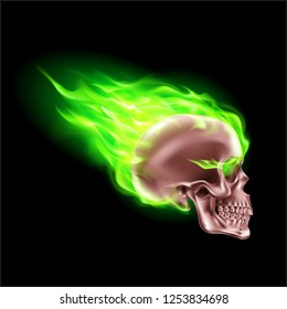 Copper Skull on Green Fire with Flames. Illustration of Speeding Flaming Skull from the Side on Black Background