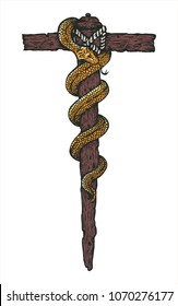 the copper snake of Moses hand drawing with color