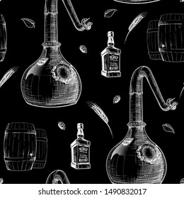 Copper Still - a pot for spirits distillation with barely ears and bottles. Black and white drawing imitating chalk on a blackboard. Seamless pattern. EPS10 vector illustration.