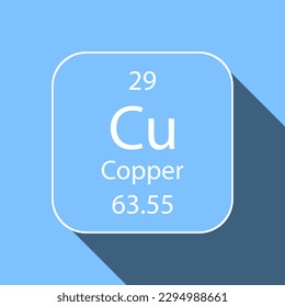 Copper symbol with long shadow design. Chemical element of the periodic table. Vector illustration.