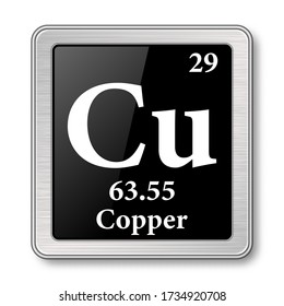Copper symbol.Chemical element of the periodic table on a glossy black background in a silver frame.Vector illustration.