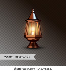 Copper table lamp. Vintage luminous lantern. 3D vector illustration