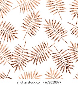 Copper tropical palm leaves seamless pattern on white background.
