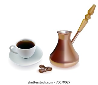 Copper Turk with a cup of coffee on a white background