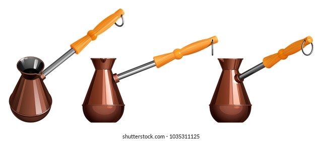 Copper turka for cooking coffee, with a wooden handle, isolated on a white background, front and perspective view

