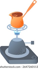 Copper Turkish coffee pot cezve on portable gas stove brews coffee