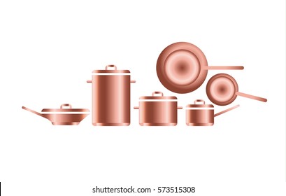 copper utensils for professional kitchens. vector illustration of concept metal dish and pot icon