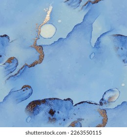 Image Vectorielle En Cuivre Glitter D'Encre. Foil Abstract Aquarelle. Peinture D'Art Bleu. Arrière-Plan Marbre Doré. Toile à l'aquarelle dorée. Fluid Harmonieux Aquarelle. Marbre D'Encre D'Alcool À L'Huile. Modèle d'encre moderne et harmonieux
