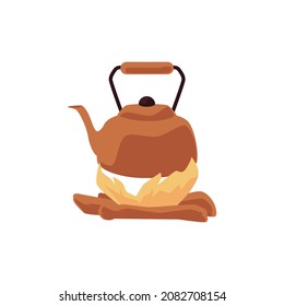 Calentador vintage de cobre hirviendo en leña, ilustración vectorial plana aislada en fondo blanco. Cocina con hervidor de agua o tetera para hervir agua y preparar bebidas calientes.