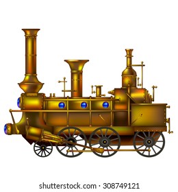 Copper vintage steam locomotive on white background