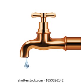 Copper water faucet with dripping water realistic isolated object in retro style isolated vector illustration