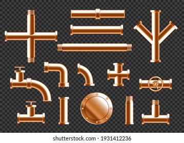 Copper water pipes, plumbing pipeline elements with taps, valve and connectors isolated on transparent background. Vector realistic set of 3d brass tubes for plumbing or drain system