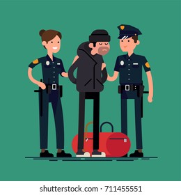 Cops holding arrested criminal. Cool flat vector character design on policemen holding a caught suspect with evidence. Cuffed burglar with stolen bag being seized