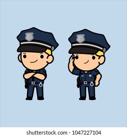 Cops or police officer, policeman in his uniform standing smile ,Cute Cartoon style, vector illustration in a flat style