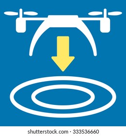 Copter Arrival vector icon. Style is bicolor flat symbol, yellow and white colors, rounded angles, blue background.