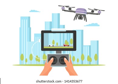 Copter with camera flat vector illustration. Modern gadgets. Technology, entertainment, video recording. Person holding radio controller. Modern city, building and architecture background