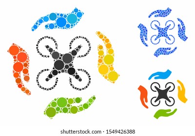 Copter care hands mosaic of small circles in various sizes and color tones, based on copter care hands icon. Vector small circles are combined into blue collage.