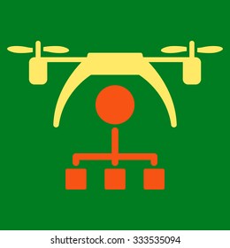 Copter Distribution Scheme vector icon. Style is bicolor flat symbol, orange and yellow colors, rounded angles, green background.