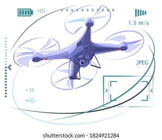 Copter. Drone with a camera. Isolated vector illustration on white background. Flat style. Flies. Rotation of the propellers.	