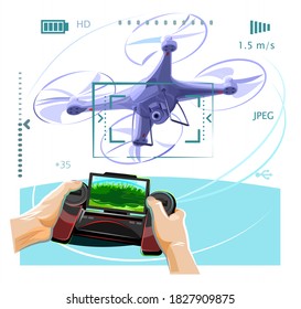 Copter. Drone with a camera. Isolated vector illustrations on white background. Flat style. Flies. Rotation of the propellers. Manual control from a remote control with a display.