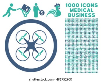 Copter icon with 1000 medical commerce cobalt and cyan vector pictographs. Design style is flat bicolor symbols, white background.