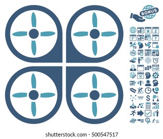 Copter icon with bonus calendar and time service icon set. Vector illustration style is flat iconic symbols, cyan and blue colors, white background.