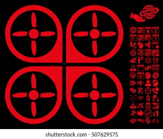 Copter icon with bonus calendar and time management images. Vector illustration style is flat iconic symbols, red color, black background.
