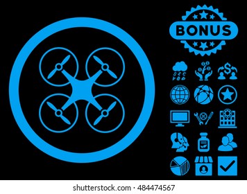 Copter icon with bonus design elements. Vector illustration style is flat iconic symbols, blue color, black background.