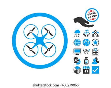 Copter icon with bonus elements. Vector illustration style is flat iconic bicolor symbols, blue and gray colors, white background.