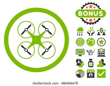 Copter icon with bonus images. Vector illustration style is flat iconic bicolor symbols, eco green and gray colors, white background.