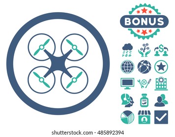 Copter icon with bonus pictogram. Vector illustration style is flat iconic bicolor symbols, cobalt and cyan colors, white background.