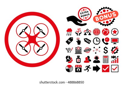 Copter icon with bonus pictures. Vector illustration style is flat iconic bicolor symbols, intensive red and black colors, white background.