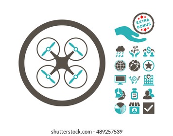 Copter icon with bonus symbols. Vector illustration style is flat iconic bicolor symbols, grey and cyan colors, white background.