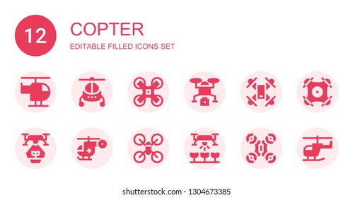 copter icon set. Collection of 12 filled copter icons included Helicopter, Drone