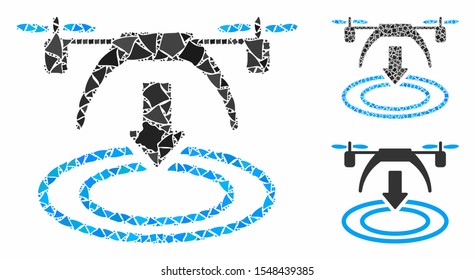 Copter landing mosaic of ragged elements in various sizes and shades, based on copter landing icon. Vector ragged items are composed into collage. Copter landing icons collage with dotted pattern.