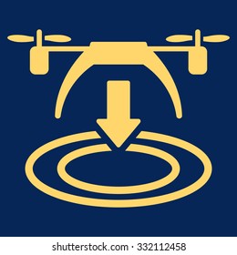 Copter Landing vector icon. Style is flat symbol, yellow color, rounded angles, blue background.