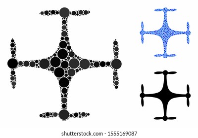 Copter mosaic of circle elements in various sizes and shades, based on copter icon. Vector filled circles are composed into blue mosaic. Dotted copter icon in usual and blue versions.