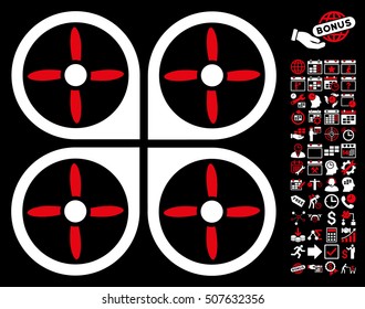 Copter pictograph with bonus calendar and time management symbols. Vector illustration style is flat iconic symbols, red and white colors, black background.