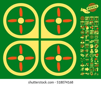 Copter pictograph with bonus calendar and time management icon set. Vector illustration style is flat iconic symbols, orange and yellow colors, green background.