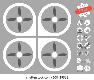 Copter pictograph with bonus options pictograms. Vector illustration style is flat iconic symbols, dark gray and white colors, silver background.