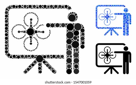 Copter presentation composition of round dots in variable sizes and color tinges, based on copter presentation icon. Vector dots are grouped into blue composition.