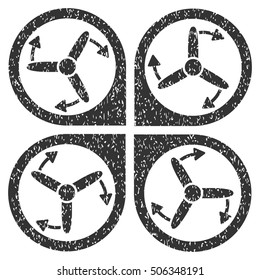 Copter Screws Rotation grainy textured icon for overlay watermark stamps. Flat symbol with dirty texture. Dotted vector gray ink rubber seal stamp with grunge design on a white background.