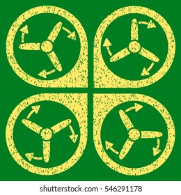 Copter Screws Rotation grainy textured icon for overlay watermark stamps. Flat symbol with unclean texture. Dotted vector yellow ink rubber seal stamp with grunge design on a green background.