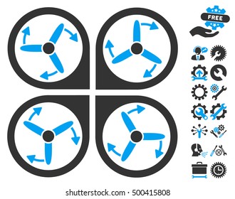 Copter Screws Rotation icon with bonus service icon set. Vector illustration style is flat iconic symbols, blue and gray colors, white background.