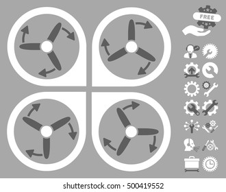 Copter Screws Rotation icon with bonus tools pictograms. Vector illustration style is flat iconic symbols, dark gray and white colors, silver background.