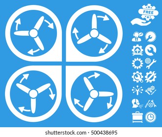 Copter Screws Rotation icon with bonus settings icon set. Vector illustration style is flat iconic symbols, white color, blue background.