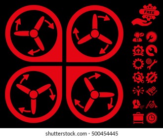 Copter Screws Rotation pictograph with bonus service symbols. Vector illustration style is flat iconic symbols, red color, black background.