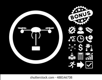 Copter Shipment icon with bonus icon set. Vector illustration style is flat iconic symbols, white color, black background.